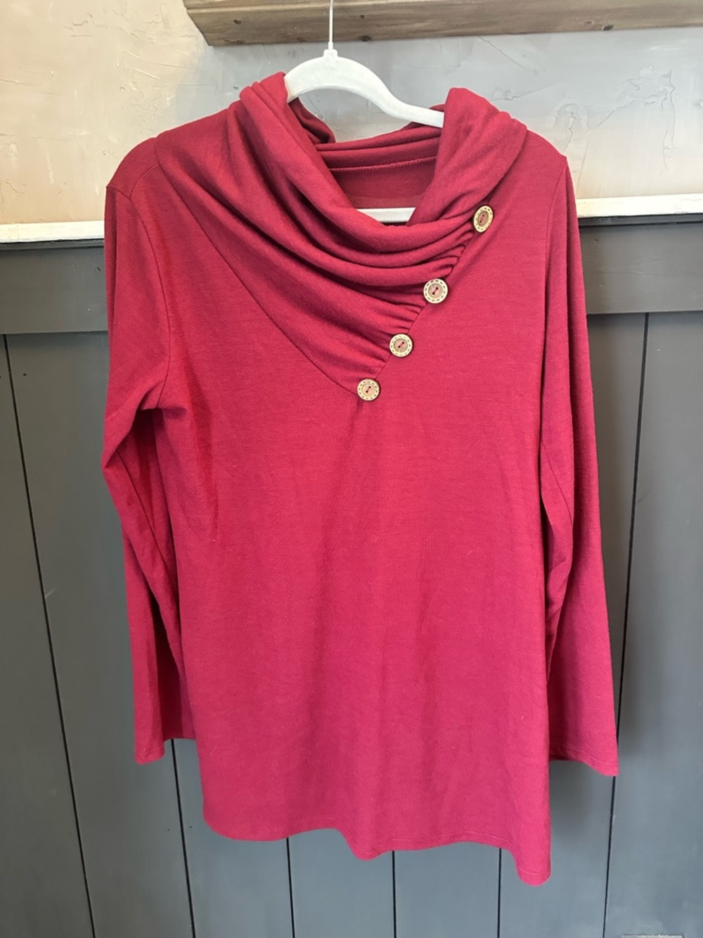 Womens Burgundy Red Cowlā Neck Button Detail Long Sleeve Top size M